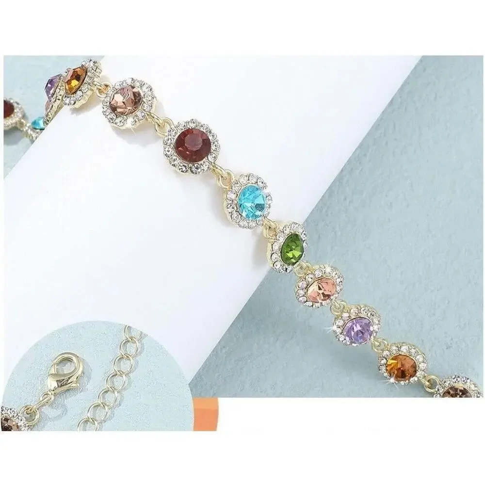14K Gold Plated Rhinestones Multicolor Necklace Stainless Steel Jewelry Womens